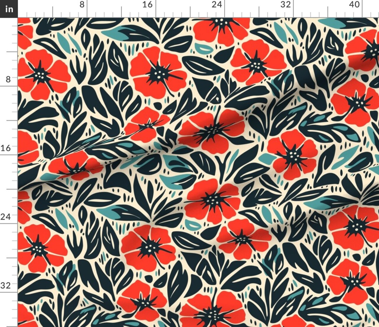 Bold Floral Retro Flowers Playful Botanical Garden Large Scale Dark Leaves Linocut Hand Drawn Vintage Poppies Poppy Red Green Blue Custom Printed Fabric by Spoonflower Various Fabrics by the Yard or Fat Quarter